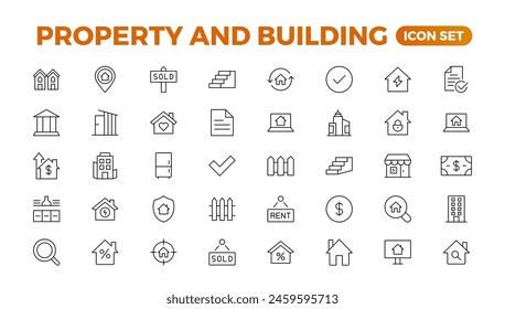 Set of line icons related to real estate, property, buying, renting, house, home. Outline icon collection. Vector illustration.Real estate Big UI set in a flat design. Thin outline pack.