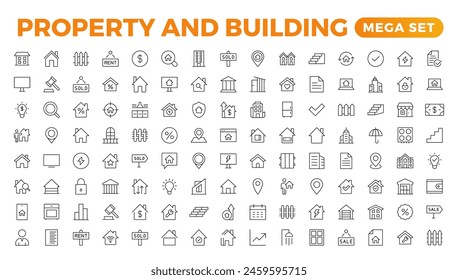 Set of line icons related to real estate, property, buying, renting, house, home. Outline icon collection. Vector illustration.Real estate Big UI set in a flat design. Thin outline pack.