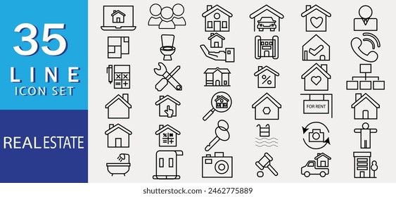 Satz von Linien-Icons bezogen auf Immobilien, Eigentum, Kauf, Vermietung, Haus, Haus. Kollektion des Gliederungssymbols. Bearbeitbarer Strich. Vektorillustration. Lineare Unternehmenssymbole