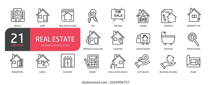 Set of line icons related to real estate, builds. home, property . Outline icons collection. Vector illustration.