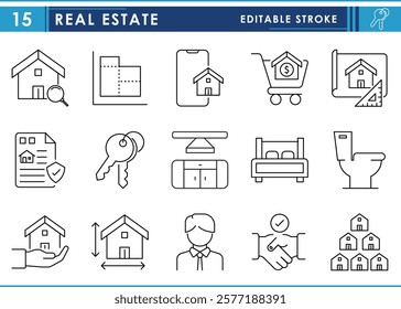 A set of line icons related to Real Estate. House, blueprint, construct, agent, sell, agreement, legal, resident, furniture, and so on. Vector editable stroke.