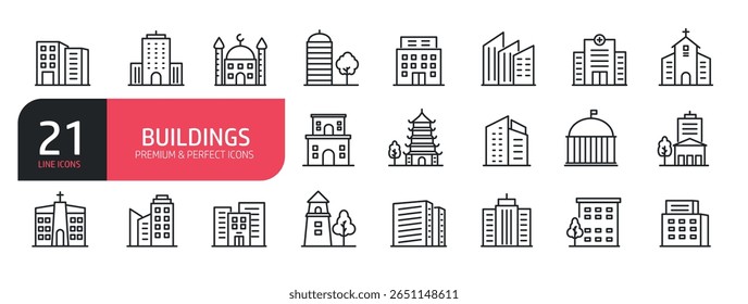 Conjunto de ícones de linha relacionados a imóveis, mesquita, museu, hospital, pagode. Coleção de ícones de tópicos. Ilustração vetorial