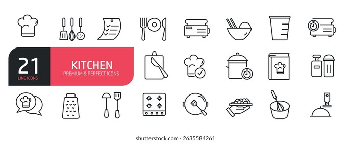 Set of line icons related to recipe book, cutting board, chef hat, frying time, hot pan. Outline icons collection.  Vector illustration.