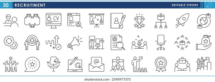 A set of line icons related to Recruitment. Recruit, jobs, startup, CV, benefit, vacancy, award, target, contact, job assignment, and so on. Vector editable stroke.