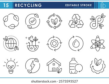 A set of line icons related to Recycling. Recycle, craft, reuse, earth, fresh, green, water, infinite, and so on. Vector editable stroke.