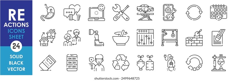 Conjunto de iconos de línea relacionados con acciones repetitivas. Reutilizar, reacción, retrabajo, reciclar, reformar, reparar, reemplazar, remezclar, reconstruir, etc. Conjunto de iconos de contorno de Vector.