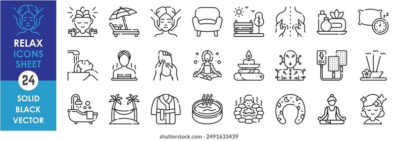 A set of line icons related to relax. Spa, sauna, nature, sleep, bath, yoga, hot spring, hair wash, incense, fish, massage and so on. Vector outline icons set.