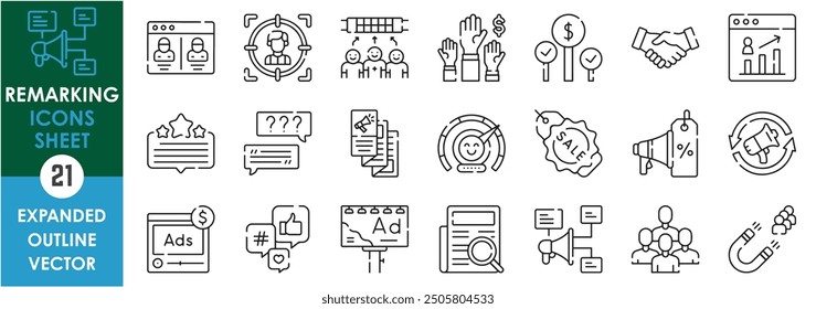 A set of line icons related to Remarking. Market, sell, advertise, review, customer, megaphone, magnet, customer satisfaction, sale, target, bidding, and so on. Vector outline icons set.