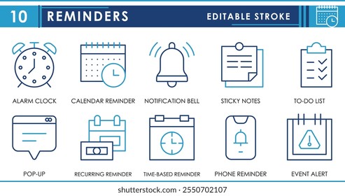 A set of line icons related to Reminders. Alarm, calendar reminder, notification, notes, to-do, pop-up, time based, and so on. Vector editable stroke.