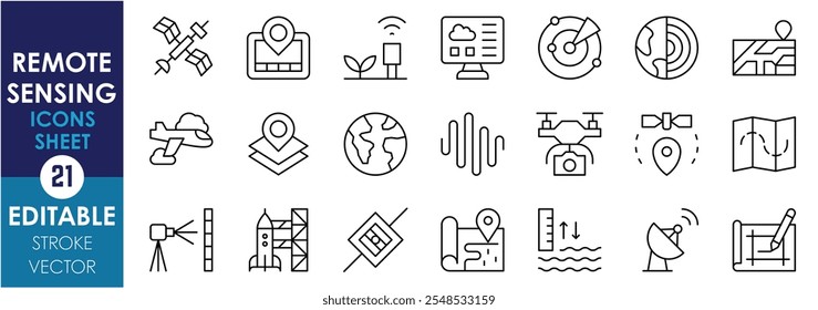 Um conjunto de ícones de linha relacionados ao Sensor remoto. Mapeamento, satélite, ondas, avião, drone, radar, nível do mar, monitoramento e assim por diante. Traçado editável de vetor.