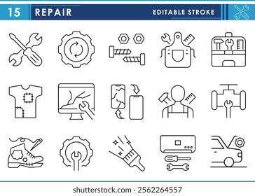 A set of line icons related to Repair. Tools, cloth, car, plumbing, computer, shoe, maintenance, fixing, restoration, replacement, diagnostic, and so on. Vector editable stroke.