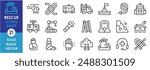 A set of line icons related to rescue. Help, disaster, bag, fire, truck, ladder, landslide, rope, injured, hotline, mining, boat, flood and so on. Vector outline icons set.