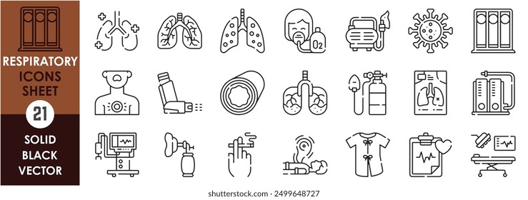 A set of line icons related to Respiratory. Lungs, health, asthma, oxygen, inhaler, gown, smoking, inhale, exhale, x-ray, and so on. Vector outline icons set.