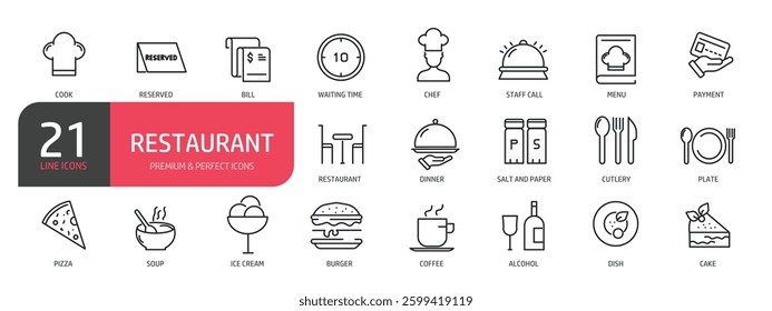 Set of line icons related to restaurant, chef, reserved, cook, dinner. Outline icons collection. Vector illustration