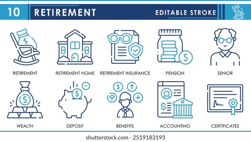 Um conjunto de ícones de linha relacionados à Baixa. Aposentar-se, trabalhar, idosos, riqueza, lucro, pensão, casa, etc. Traçado editável de vetor.