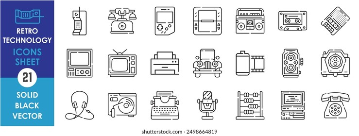 Un conjunto de iconos de línea relacionados con la Tecnología retro. Teléfono, TV, ordenador, consolas de juego, carrete, cámara, música, ábaco, grabación, máquina de escribir y así sucesivamente. Conjunto de iconos de contorno de Vector.