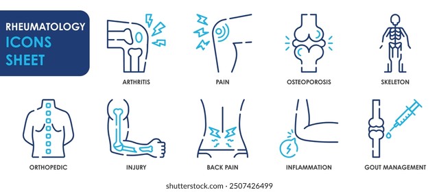 A set of line icons related to Rheumatology. Bones, joint, pain, skeleton, treatment, injury and so on. Vector outline icons set.