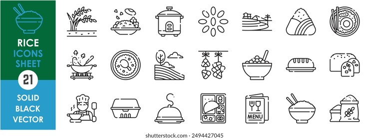 A set of line icons related to rice. Rice, pudding, plant, organic, chef, fried, bread, meal, grains, Japanese, sushi, field, menu, restaurant and so on. Vector outline icons set.