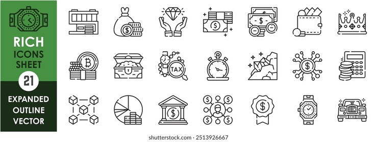 Um conjunto de ícones de linha relacionados ao Rich. Caro, luxo, carro, mansão, tempo, tesouro, dinheiro, moeda, carteira, diamante, e assim por diante. Definição de ícones de contorno de vetor.