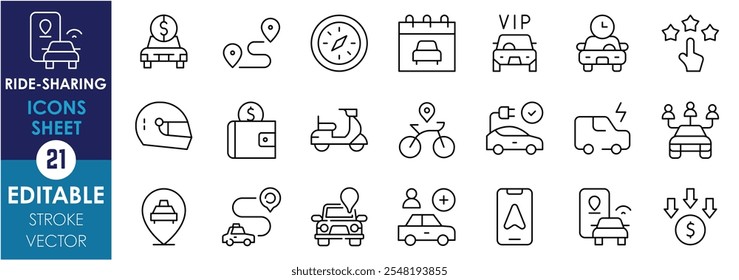 Um conjunto de ícones de linha relacionados ao compartilhamento de carona. Motoqueiro, carro, carona, motorista, passageiro, local, entrega, renda, segurança, veículos elétricos e assim por diante. Traçado editável de vetor.