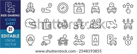 A set of line icons related to Ride-Sharing. Rider, car, carpooling, driver, passenger, location, drop-off, income, safety, electrical vehicles, and so on. Vector editable stroke.