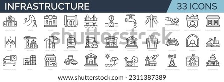 Set of line icons related ro public infrastructure. City elements. Outline icon collection. Editable stroke. Vector illustration 商業照片 © 