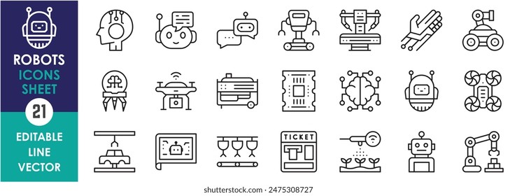 Conjunto de iconos de línea relacionados con robots y robótica. Robots, robóticos, máquinas, automáticos, inteligencia artificial, mecánicos, bienes, industriales y así sucesivamente. Conjunto de iconos de contorno de Vector.