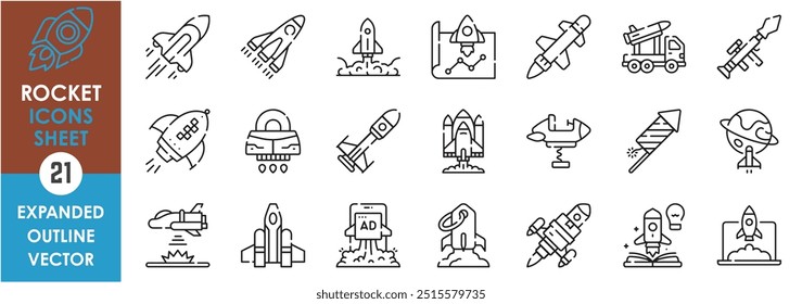 Um conjunto de ícones de linha relacionados ao Rocket. Foguete, ciência, revolução, espaço, exploração, galáxia, espaço, projeto, nave espacial e assim por diante. Definição de ícones de contorno de vetor.