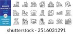 A set of line icons related to Ruined Buildings. Ruin, damage, disaster, destroyed, demolition, destroy, earthquake, war, catastrophe, and so on. Vector outline icons set.