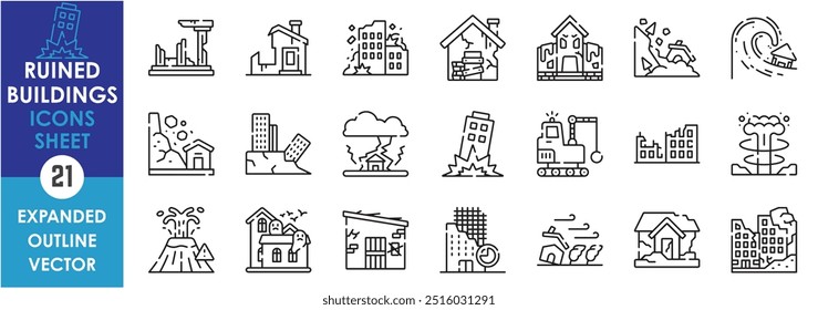 A set of line icons related to Ruined Buildings. Ruin, damage, disaster, destroyed, demolition, destroy, earthquake, war, catastrophe, and so on. Vector outline icons set.