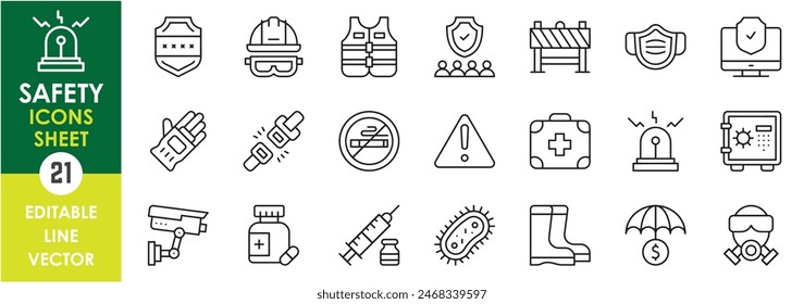 Conjunto de iconos de línea relacionados con la seguridad y las precauciones. Escudo, chaleco, máscara, máscara de gas, cinturón de seguridad, señal de advertencia, guantes, cámara de seguridad, etc. Conjunto de iconos de contorno de Vector.