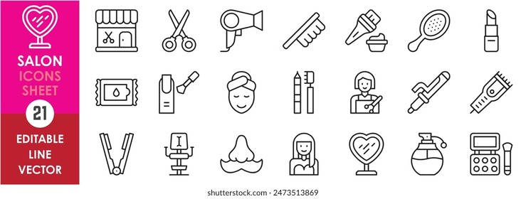 A set of line icons related to salon and beauty. Parlor, hair, male, female, hair, lips, trimmer, cream, eye shadow, perfume and so on. Vector outline icons set.