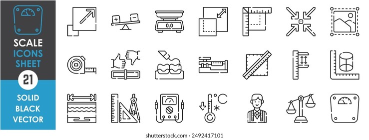 A set of line icons related to scale. Measure, ruler, screen, enlarge, shrink, dimension, tailor, electricity, balance, weight, tape and so on. Vector outline icons set.