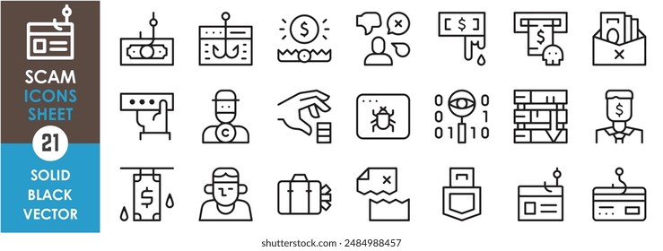 A set of line icons related to scam. Fraud, corruption, scam, loot, steal, bug, data loss, phishing, and so on. Vector outline icons set.