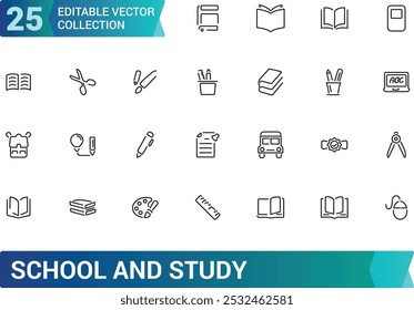 Conjunto de ícones de linha relacionados à escola e estudo, Contendo aprendizagem, educação. Contornar a coleção de ícones. Traçado editável. Pixel perfeito. Ilustração vetorial.