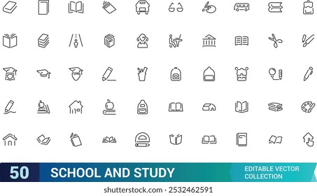 Set of line icons related to school and study, Containing learning, education. Outline icon collection. Editable stroke. Pixel perfect. Vector illustration.