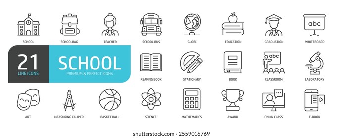 Set of line icons related to school, education, e-learning, class. Outline icons collection. Vector illustration.