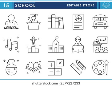 A set of line icons related to School. School bus, student, class, subjects, objects, books, and so on. Vector editable stroke.