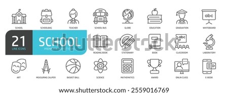 Set of line icons related to school, education, e-learning, class. Outline icons collection. Vector illustration.