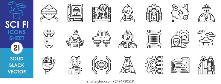 A set of line icons related to sci fi. Science fiction, future, city, alien, robot, teleport, flying car, ufo, nuclear, abduction, cloning, eye, book and so on. Vector outline icons set.