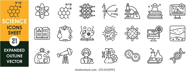 Um conjunto de ícones de linha relacionados à Ciência. Laboratório, química, física, átomos, biologia, tecnologia, cientista, matemática, geologia, livro, astronomia etc. Definição de ícones de contorno de vetor.