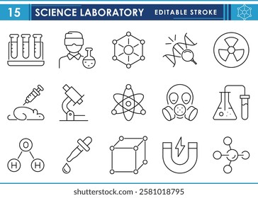 A set of line icons related to Science Laboratory. Science, chemistry, test tube, physics, biology, microscope, and so on. Vector editable stroke.