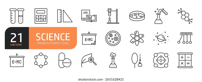 Conjunto de ícones de linha relacionados a Ciência, Laboratório, científico, farmácia, física, biologia, laboratório e muito mais. Coleção de ícones de tópicos. Ilustração vetorial.