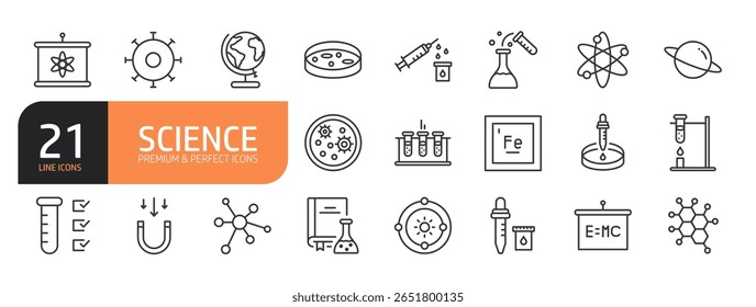 Conjunto de ícones de linha relacionados a Ciência, Laboratório, científico, farmácia, física, biologia, laboratório e muito mais. Coleção de ícones de tópicos. Ilustração vetorial.