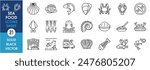 A set of line icons related to sea food. Sea food, fish, crab, lobster, squid, octopus, sea cucumber and so on. Vector outline icons set.