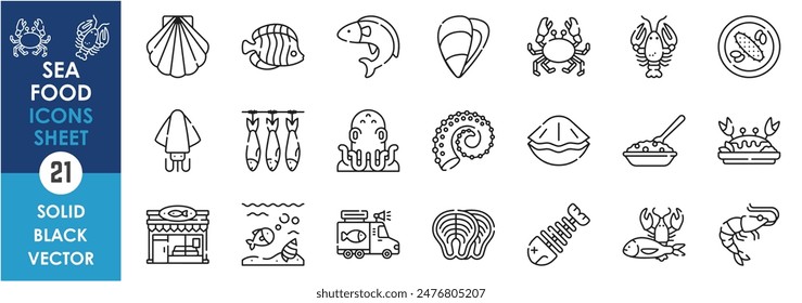 A set of line icons related to sea food. Sea food, fish, crab, lobster, squid, octopus, sea cucumber and so on. Vector outline icons set.