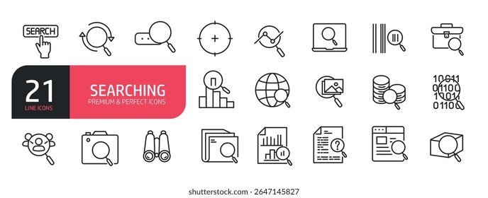 Set of line icons related to search, magnifying glass, research, zoom. Outline icons collection. Vector illustration