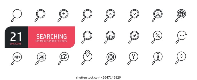 Set of line icons related to search, magnifying glass, research, zoom. Outline icons collection. Vector illustration