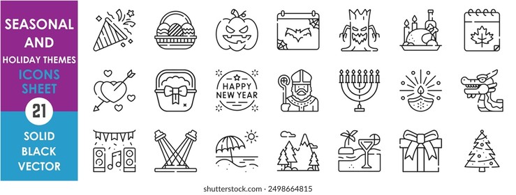 Conjunto de iconos de línea relacionados con temas de temporada y Festiva. Celebrar, huevo de Pascua, Halloween, acción de gracias, dragón, San Valentín, año nuevo, vacaciones y así sucesivamente. Conjunto de iconos de contorno de Vector.