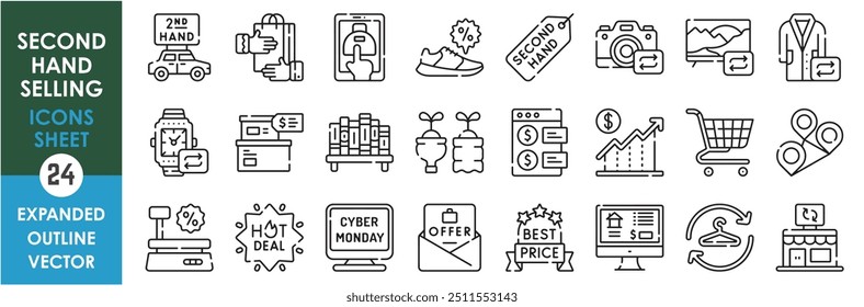 A set of line icons related to Secondhand Selling. Resell, used, old, internet, cart, choice, discount, offer, deal, sale, camera, cloth, watch, profit, business, and so on. Vector outline icons set.